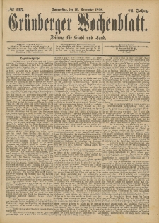 Gr&uuml;nberger Wochenblatt: Zeitung f&uuml;r Stadt und Land, No. 136. (12. November 1898)