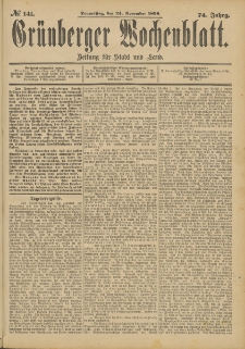 Gr&uuml;nberger Wochenblatt: Zeitung f&uuml;r Stadt und Land, No. 142. (26. November 1898)