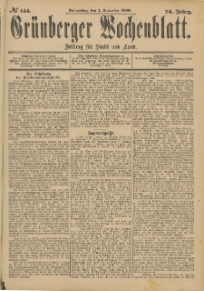 Gr&uuml;nberger Wochenblatt: Zeitung f&uuml;r Stadt und Land, No. 145. (3. December 1898)