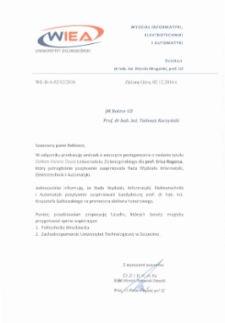 Pismo Dziekana Wydziału Informatyki, Elektrotechniki i Automatyki o wystosowaniu wniosku o wszczęcie postępowania o nadanie tytułu doktora "honoris causa" Uniwersytetu Zielonogórskiego dla prof. Erica Rogersa