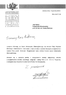 List prorektora ds. Nauki i Wsp&oacute;łpracy z Zagranicą, prof. dr. hab. Giorgi Melikidze, z prośbą o przygotowanie recenzji wniosku o nadanie prof. Ericowi Rogersowi tytułu doktora "honoris causa" Uniwersytetu Zielonog&oacute;rskiego