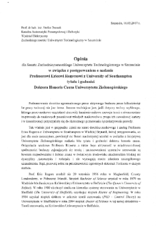Opinia dla Senatu Zachodniopomorskiego Uniwersytetu Technologicznego w Szczecinie w związku z postępowaniem o nadanie Profesorowi Ericowi Rogersowi z University of Southampton tytułu i godności doktora honoris causa Uniwersytetu Zielonog&oacute;rskiego