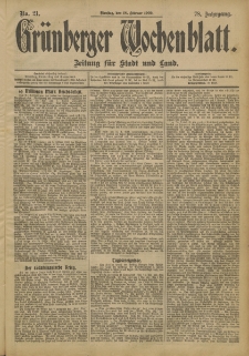 Gr&uuml;nberger Wochenblatt: Zeitung f&uuml;r Stadt und Land, No. 21. (18. Februar 1902)