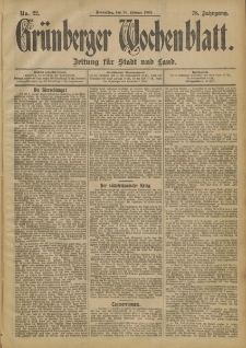 Gr&uuml;nberger Wochenblatt: Zeitung f&uuml;r Stadt und Land, No. 22. (20. Februar 1902)