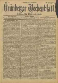 Gr&uuml;nberger Wochenblatt: Zeitung f&uuml;r Stadt und Land, No. 22. (20. Februar 1904)
