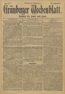 Gr&uuml;nberger Wochenblatt: Zeitung f&uuml;r Stadt und Land, No. 147. (8. Dezember 1904)