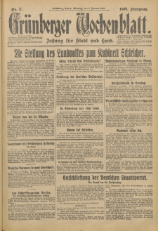Gr&uuml;nberger Wochenblatt: Zeitung f&uuml;r Stadt und Land, No. 7. (9. Januar 1933)