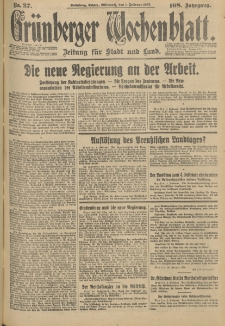Gr&uuml;nberger Wochenblatt: Zeitung f&uuml;r Stadt und Land, No. 27. (1. Februar 1933)