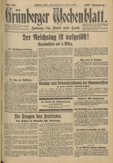 Grünberger Wochenblatt: Zeitung für Stadt und Land, No. 28. (2. Februar 1933)