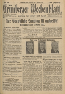 Grünberger Wochenblatt: Zeitung für Stadt und Land, No. 32. (7. Februar 1933)