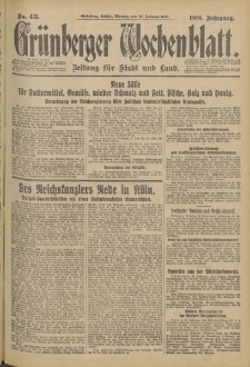 Gr&uuml;nberger Wochenblatt: Zeitung f&uuml;r Stadt und Land, No. 43. (20. Februar 1933)