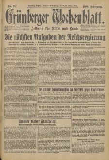 Gr&uuml;nberger Wochenblatt: Zeitung f&uuml;r Stadt und Land, No. 72. (25./26. M&auml;rz 1933)