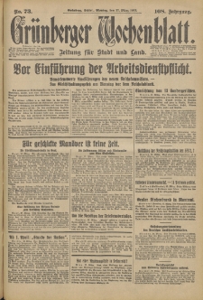 Grünberger Wochenblatt: Zeitung für Stadt und Land, No. 73. (27. März 1933)