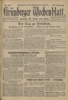 Gr&uuml;nberger Wochenblatt: Zeitung f&uuml;r Stadt und Land, No. 66. (18./19. M&auml;rz 1933)