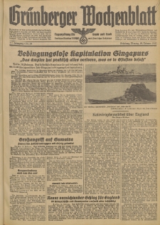 Gr&uuml;nberger Wochenblatt: Tageszeitung f&uuml;r Stadt und Land, No. 39. (16. Februar 1942)