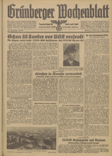Gr&uuml;nberger Wochenblatt: Tageszeitung f&uuml;r Stadt und Land, No. 87. (15. April 1942)