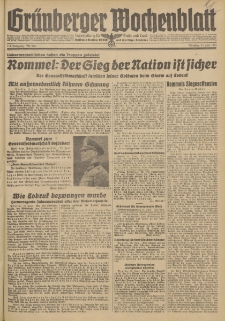 Gr&uuml;nberger Wochenblatt: Tageszeitung f&uuml;r Stadt und Land, No. 144. (23. Juni 1942)