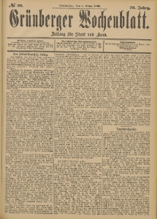 Gr&uuml;nberger Wochenblatt: Zeitung f&uuml;r Stadt und Land, No. 26. (1. M&auml;rz 1900)