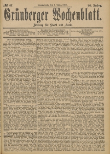 Gr&uuml;nberger Wochenblatt: Zeitung f&uuml;r Stadt und Land, No. 27. (3. M&auml;rz 1900)