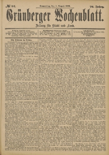 Gr&uuml;nberger Wochenblatt: Zeitung f&uuml;r Stadt und Land, No. 92. (2. August 1900)