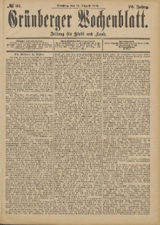 Gr&uuml;nberger Wochenblatt: Zeitung f&uuml;r Stadt und Land, No. 97. (14. August 1900)