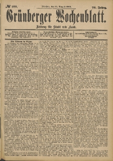 Gr&uuml;nberger Wochenblatt: Zeitung f&uuml;r Stadt und Land, No. 100. (21. August 1900)