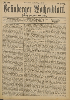 Gr&uuml;nberger Wochenblatt: Zeitung f&uuml;r Stadt und Land, No. 102. (25. August 1900)