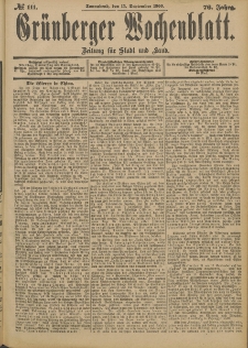 Gr&uuml;nberger Wochenblatt: Zeitung f&uuml;r Stadt und Land, No. 111. (15. September 1900)
