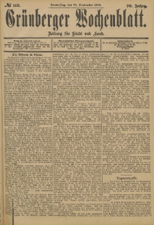 Gr&uuml;nberger Wochenblatt: Zeitung f&uuml;r Stadt und Land, No. 113. (20. September 1900)