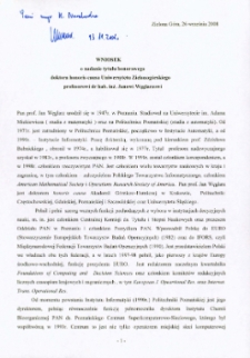 Wniosek o nadanie tytułu honorowego doktora honoris causa Uniwersytetu Zielonogórskiego profesorowi dr. hab. inż. Janowi Węglarzowi