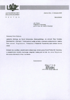 Pismo JM Rektora Uniwersytetu Zielonogórskiego do JM Rektora Politechniki Gdańskiej w sprawie zaopiniowania przez Senat Politechniki Gdańskiej wniosku o nadanie prof. Janowi Węglarzowi tytułu doktora honoris causa