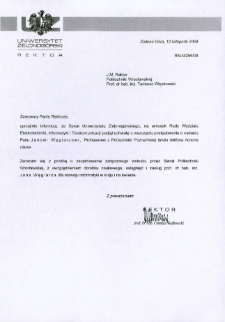 Pismo JM Rektora Uniwersytetu Zielonogórskiego do JM Rektora Politechniki Wrocławskiej w sprawie zaopiniowania przez Senat Politechniki Wrocławskiej wniosku o nadanie prof. Janowi Węglarzowi tytułu doktora honoris causa