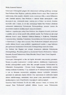 Wystąpienie JM Rektora Uniwersytetu Zielonogórskiego prof. dr. hab. Czesława Osękowskiego podczas uroczystości nadania tytułu doktora honoris causa profesorowi Janowi Węglarzowi