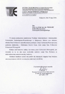 List gratulacyjny dr. hab. inż. Antoniego Zabłudowskiego do profesora Jana Węglarza