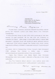 List gratulacyjny prof. Tomasza Krzyżyńskiego do profesora Jana Węglarza