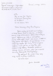 List gratulacyjny prof. Juliana Musielaka do profesora Jana Węglarza