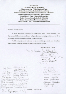 List gratulacyjny współpracowników z PCSS do profesora Jana Węglarza