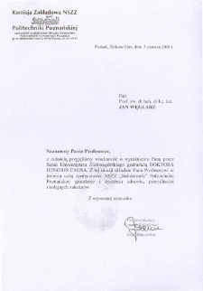 List gratulacyjny Józefa Bancewicza do profesora Jana Węglarza