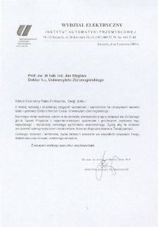 List gratulacyjny dr. hab. inż. Stanisława Bańki do profesora Jana Węglarza