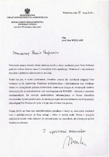 List gratulacyjny prof. Barbary Kudryckiej do profesora Jana Węglarza