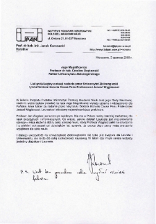 List gratulacyjny prof. Jacka Koronackiego do profesora Czesława Osękowskiego