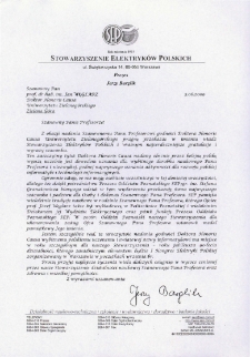 List gratulacyjny prof. Jerzego Barglika do profesora Jana Węglarza