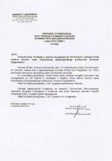 Protokół z posiedzenia Rady Wydziału Humanistycznego Uniwersytetu Zielonogórskiego z dnia 15.01.2008 r. w sprawie wystąpienia do JM Rektora o nadanie tytułu doktora honoris causa Uniwersytetu Zielonogórskiego profesorowi Owenowi Gingerichowi (wyciąg)
