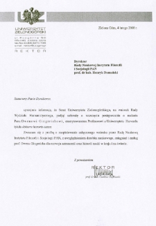 Pismo JM Rektora Uniwersytetu Zielonog&oacute;rskiego do Dyrektora Rady Naukowej Instytutu Filozofii i Socjologii PAN w sprawie zaopiniowania wniosku o nadanie prof. Owenowi Gingerichowi tytułu doktora honoris causa