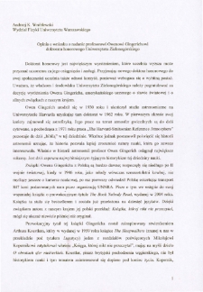 Opinia o wniosku o nadanie profesorowi Owenowi Gingerichowi doktoratu honorowego Uniwersytetu Zielonogórskiego