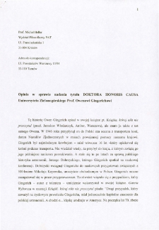 Opinia w sprawie nadania tytułu doktora honoris causa Uniwersytetu Zielonogórskiego Prof. Owenowi Gingerichowi