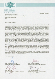 Letter from the rector of the University of Zielona G&oacute;ra to prof. Owen Gingerich, announcing that he was awarded the title of doctor honoris causa by the Council of the Faculty of Humanities of the University of Zielona G&oacute;ra