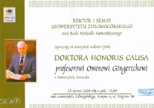 Afisz promujący uroczystość nadania tutułu doktora honoris causa profesorowi Owenowi Gingerichowi z Uniwersytetu Harvarda