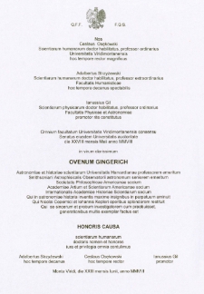 Dyplom nadania tytułu doktora honoris causa profesorowi Owenowi Gingerichowi