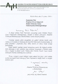 List gratulacyjny prof. Marka Trombskiego do profesora Owena Gingericha